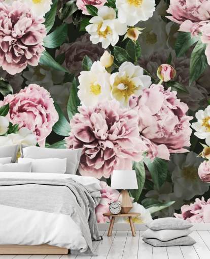 papel pintado de peonías rosadas y flores amarillas y blancas