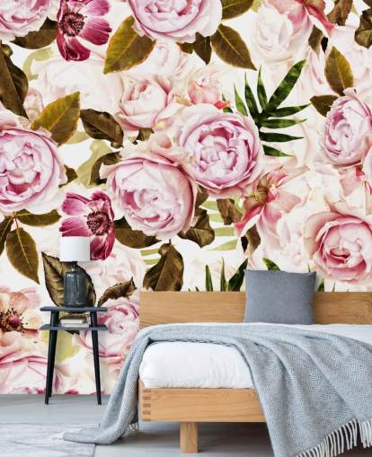 green leaves and pink peonies wallpaper