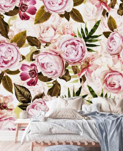 green leaves and pink peonies wallpaper