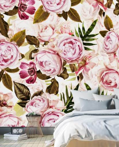 green leaves and pink peonies wallpaper