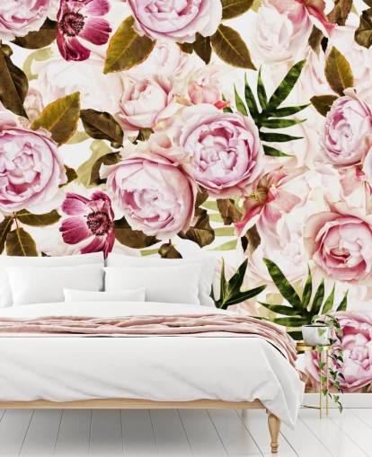 green leaves and pink peonies wallpaper