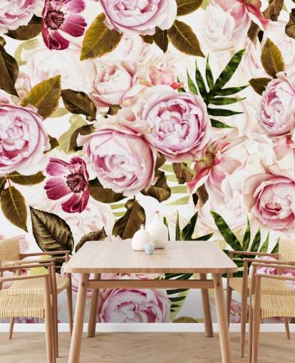 carta da parati foglie verdi e peonie rosa