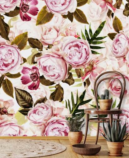 green leaves and pink peonies wallpaper