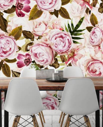 groen blad en roze pioenrozen behang