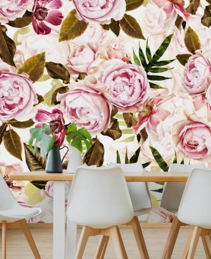 grønne blader og rosa peoner tapet