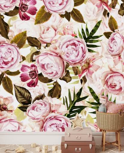 carta da parati foglie verdi e peonie rosa