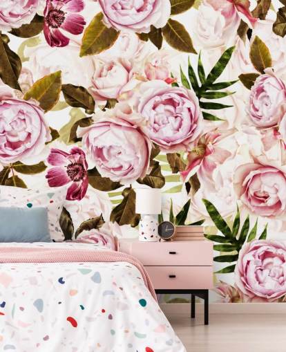 green leaves and pink peonies wallpaper