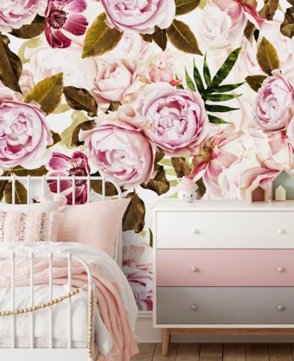 groen blad en roze pioenrozen behang