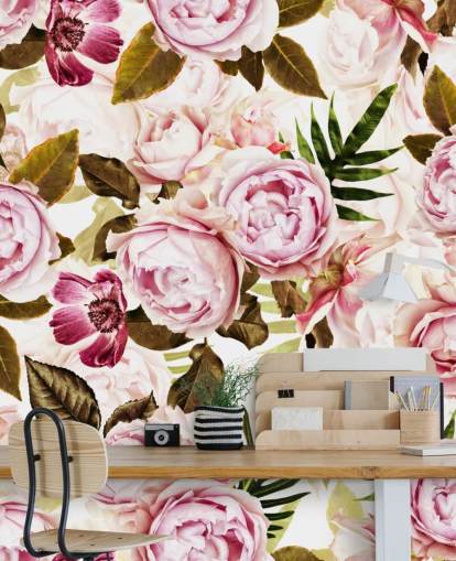 green leaves and pink peonies wallpaper