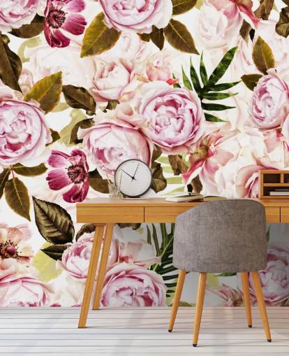 green leaves and pink peonies wallpaper