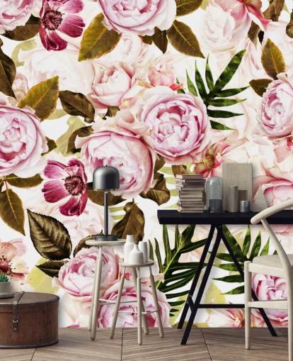 green leaves and pink peonies wallpaper
