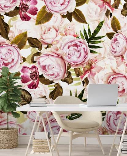 carta da parati foglie verdi e peonie rosa