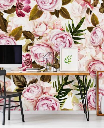 papier peint feuilles vertes et pivoines roses