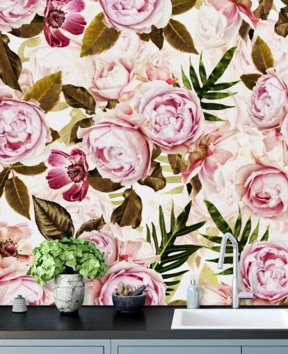 gröna blad och rosa pioner tapeter