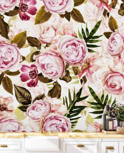 groen blad en roze pioenrozen behang