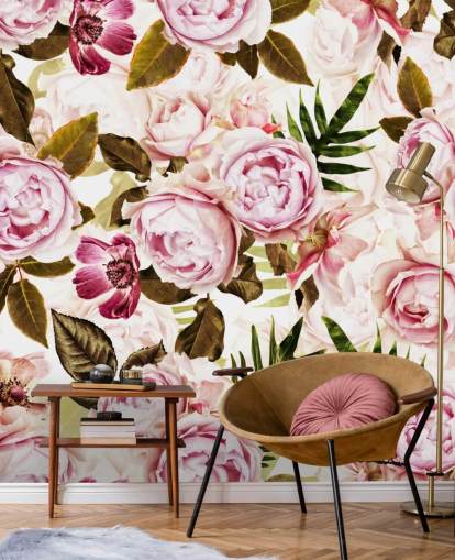 carta da parati foglie verdi e peonie rosa