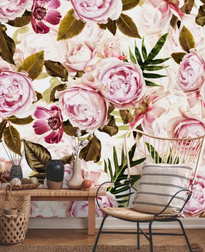 papel pintado de hojas verdes y peonías rosadas