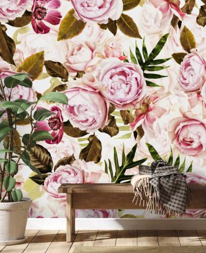 green leaves and pink peonies wallpaper