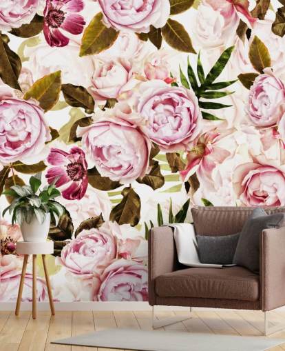 carta da parati foglie verdi e peonie rosa