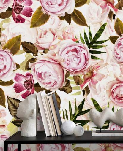 gröna blad och rosa pioner tapeter