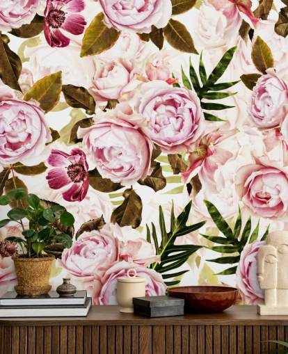 groen blad en roze pioenrozen behang groen blad en roze pioenrozen behang