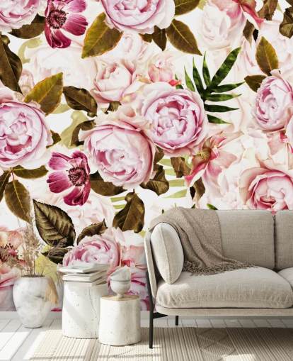 papier peint feuilles vertes et pivoines roses