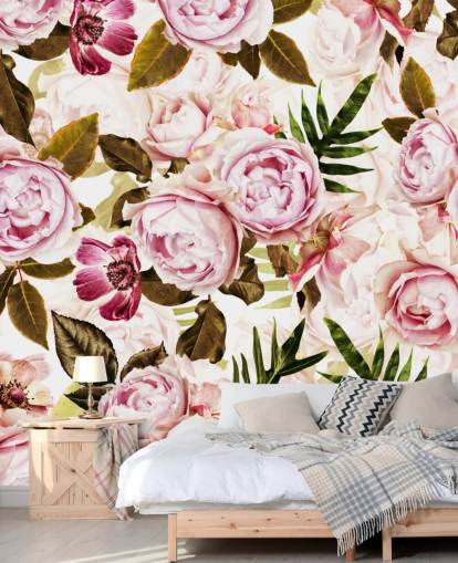 green leaves and pink peonies wallpaper