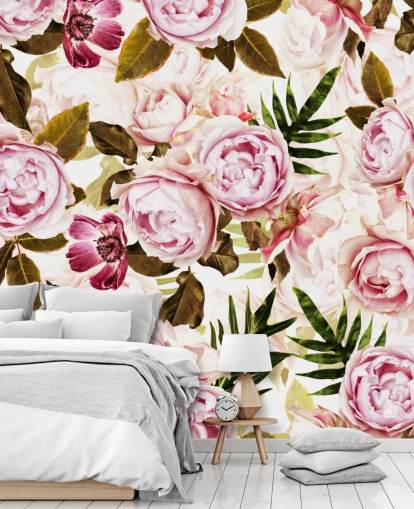 green leaves and pink peonies wallpaper