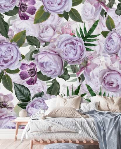 pivoines violettes avec des feuilles vertes sur fond blanc papier peint
