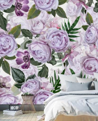 violetti pionit vihreät lehdet valkoisella taustalla tapetti