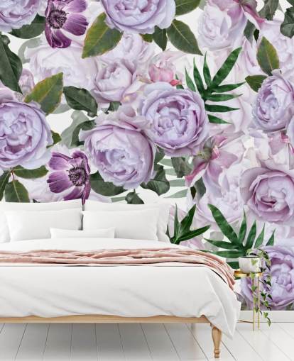 violetti pionit vihreät lehdet valkoisella taustalla tapetti