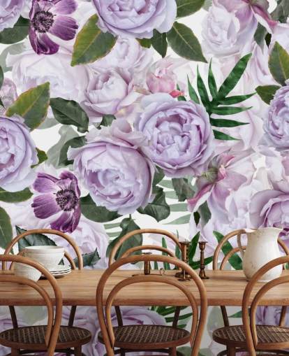 purple peonies with green leaves on a white background wallpaper