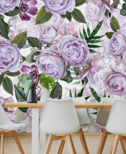 pivoines violettes avec des feuilles vertes sur fond blanc papier peint