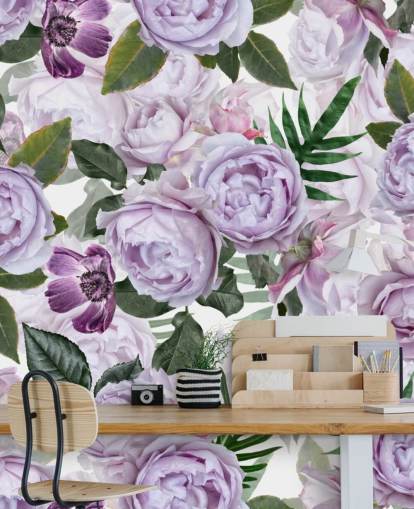 purple peonies with green leaves on a white background wallpaper