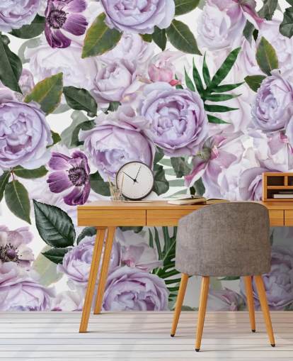 purple peonies with green leaves on a white background wallpaper