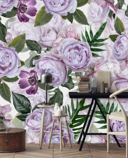 purple peonies with green leaves on a white background wallpaper
