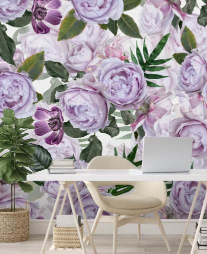 pivoines violettes avec des feuilles vertes sur fond blanc papier peint