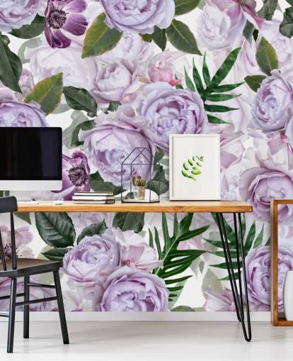 purple peonies with green leaves on a white background wallpaper
