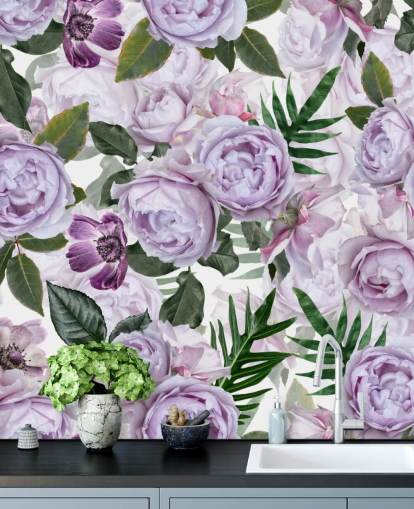 pivoines violettes avec des feuilles vertes sur fond blanc papier peint pivoines violettes avec des feuilles vertes sur fond blanc papier peint