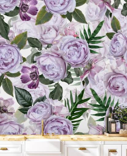 pivoines violettes avec des feuilles vertes sur fond blanc papier peint