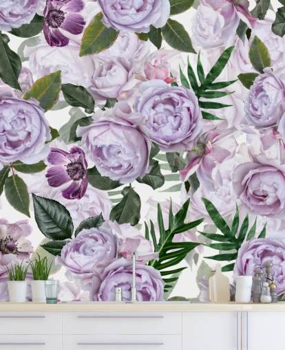 violetti pionit vihreät lehdet valkoisella taustalla tapetti