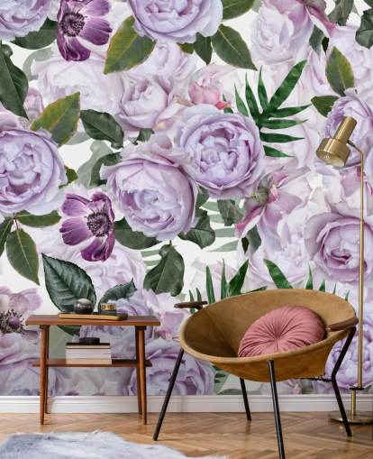 purple peonies with green leaves on a white background wallpaper