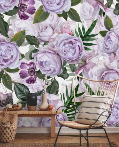 purple peonies with green leaves on a white background wallpaper