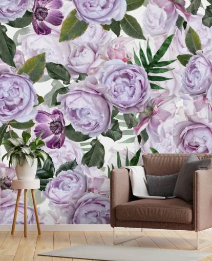 pivoines violettes avec des feuilles vertes sur fond blanc papier peint pivoines violettes avec des feuilles vertes sur fond blanc papier peint