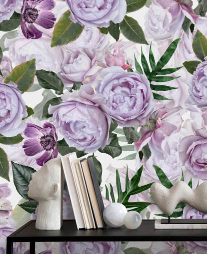 pivoines violettes avec des feuilles vertes sur fond blanc papier peint