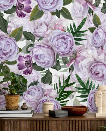 purple peonies with green leaves on a white background wallpaper