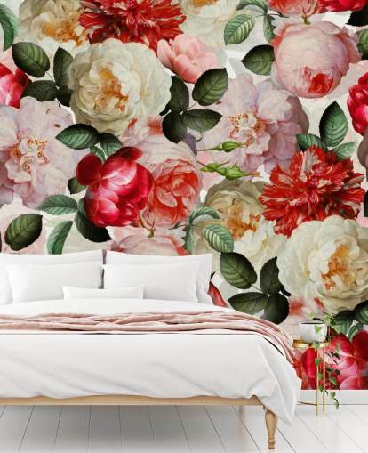 pink, rød og fløde blomster og pæon tapet