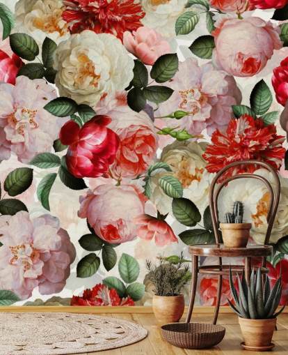 roze, rode en crèmekleurige bloemen en pioenbehang