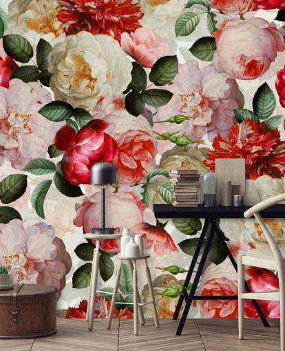 rosa, rote und cremefarbene Blumen und Pfingstrosen Tapete