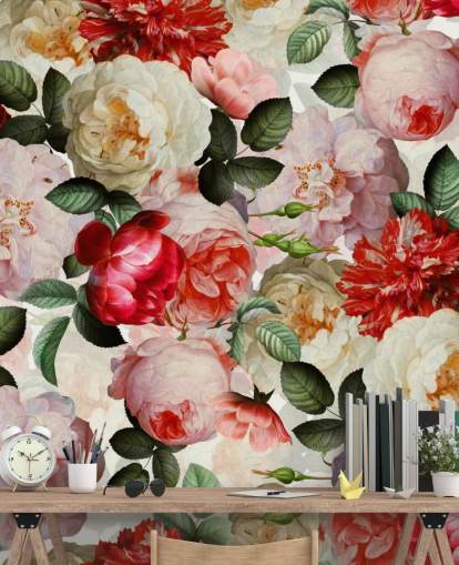 papel pintado de flores rosadas, rojas y crema y peonía